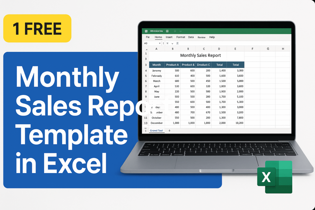Preview of a monthly sales report template in Excel spreadsheet format on a laptop screen