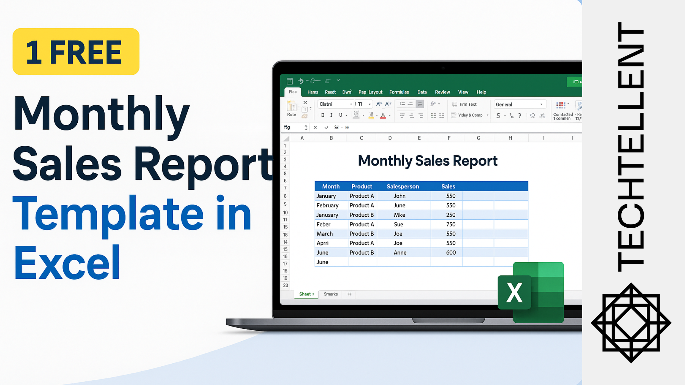 Preview of a monthly sales report template in Excel spreadsheet format on a laptop screen