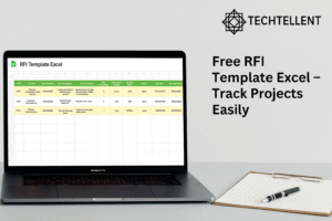 Laptop screen displaying RFI Template Excel with project tracking columns, alongside clipboard and pen, labeled 'Free RFI Template Excel – Track Projects Easily