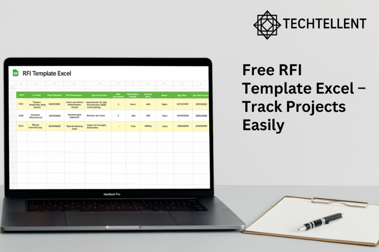 Laptop screen displaying RFI Template Excel with project tracking columns, alongside clipboard and pen, labeled 'Free RFI Template Excel – Track Projects Easily