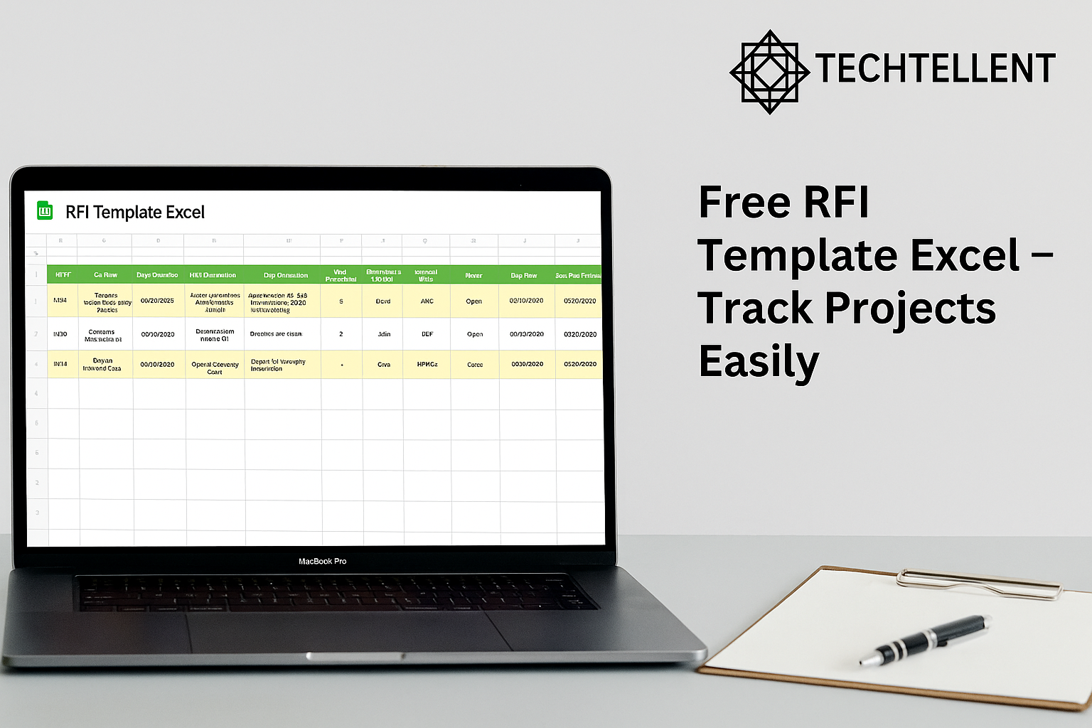 Laptop screen displaying RFI Template Excel with project tracking columns, alongside clipboard and pen, labeled 'Free RFI Template Excel – Track Projects Easily