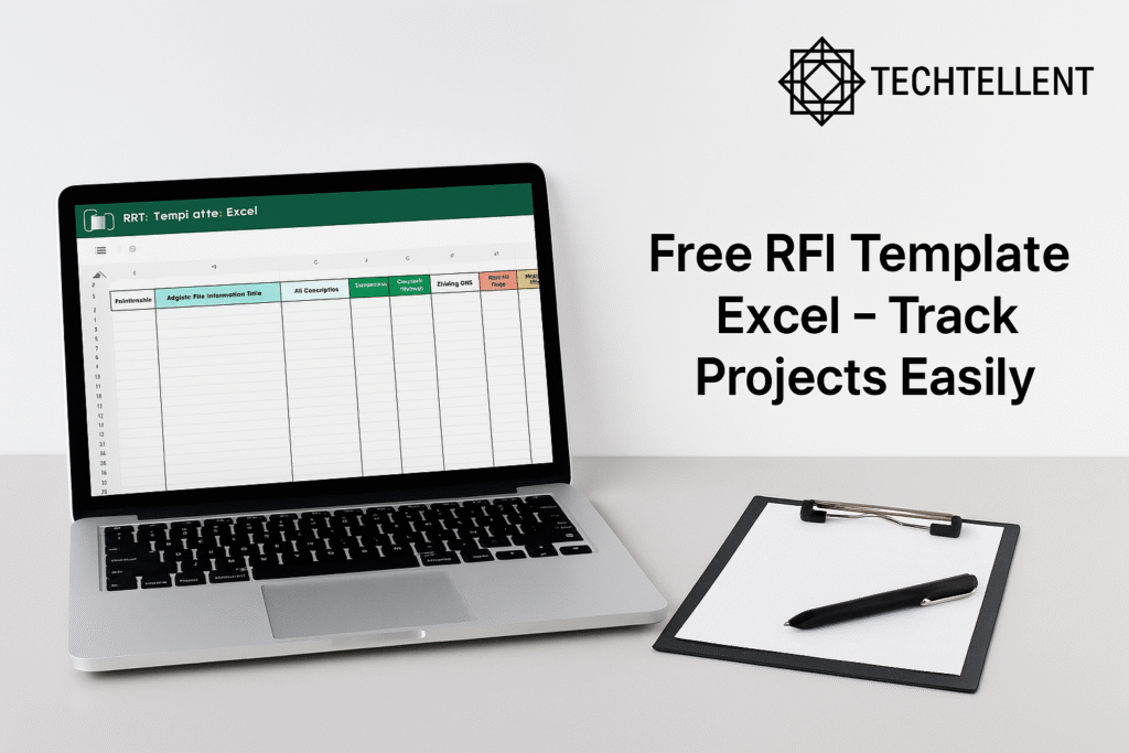 Laptop screen displaying RFI Template Excel with project tracking columns, alongside clipboard and pen, labeled 'Free RFI Template Excel – Track Projects Easily