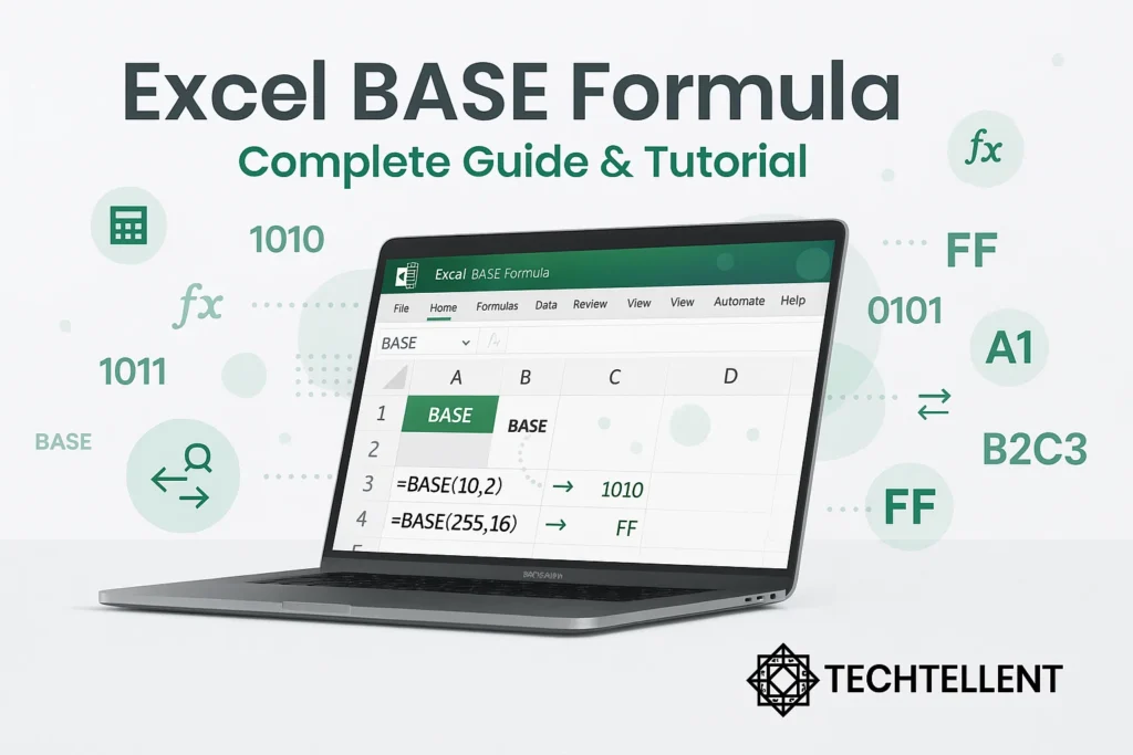 Excel BASE formula example converting decimal to binary and hex