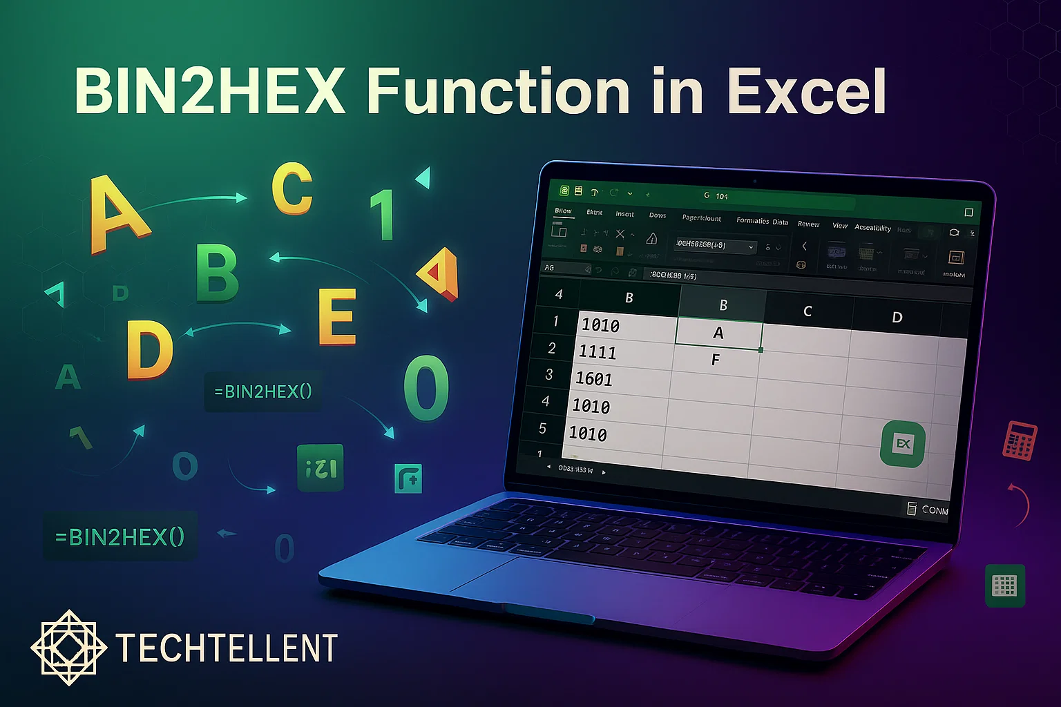 BIN2HEX Excel function formula and binary to hexadecimal example